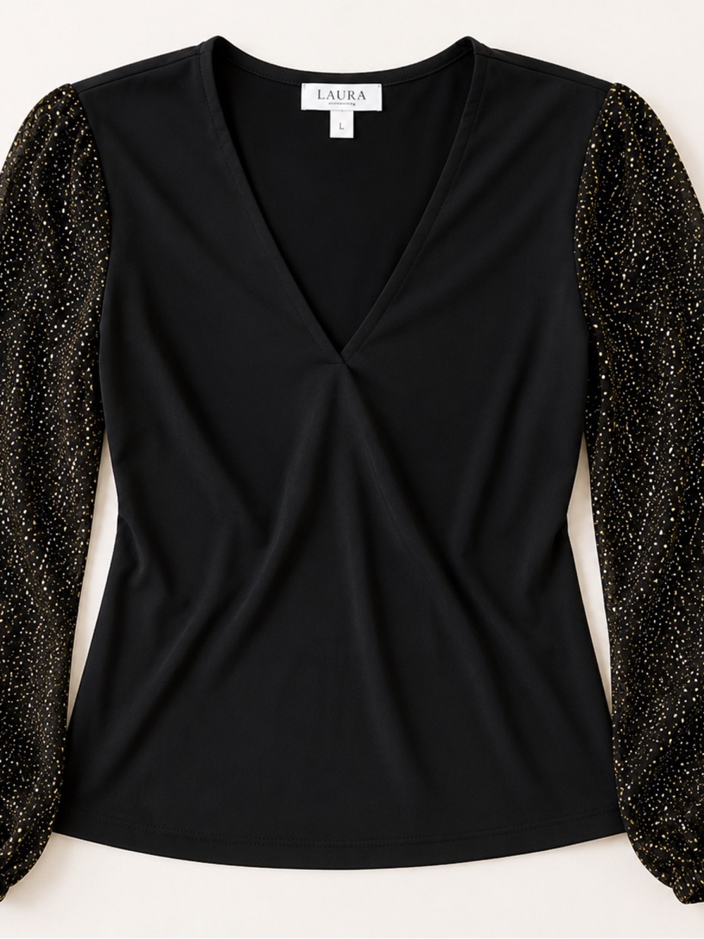 Laura Black Gold Shimmer Balloon Sleeve V-Neck Blouse Size L